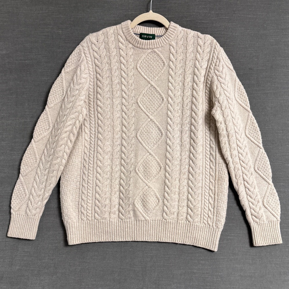 Orvis Sweater M Beige Merino Wool Cable Knit Crewneck Outdoor Preppy Fisherman